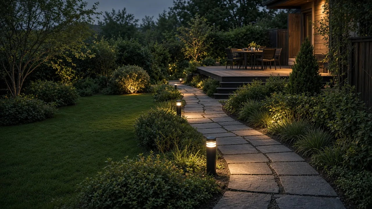 Gartenweg und Terrasse in der Dämmerung