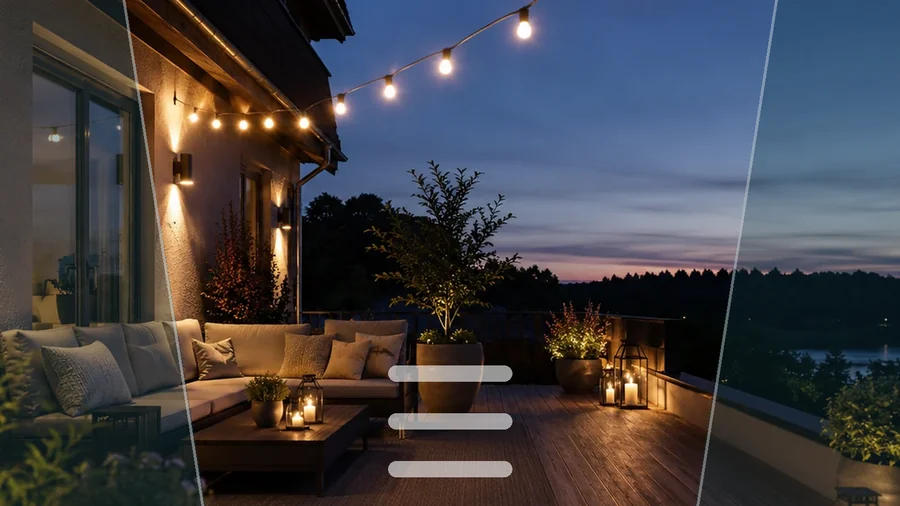 Schmale Terrasse mit platzsparender Möblierung und freiem Laufweg