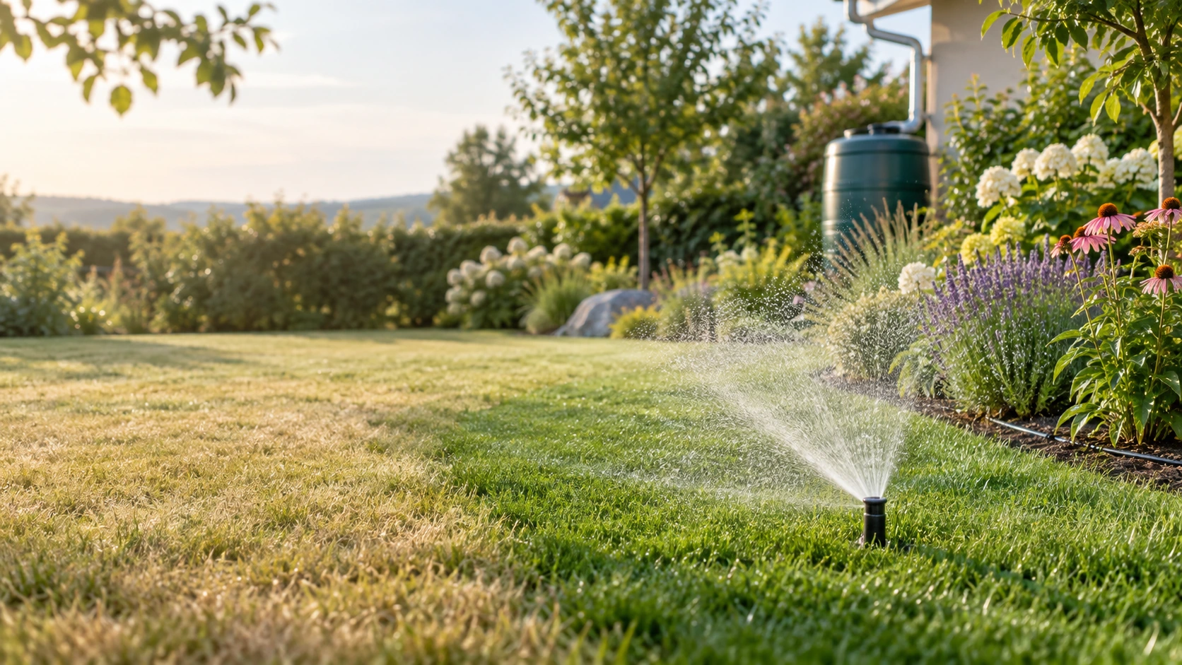 Gartenrasen mit versenktem Regner und angrenzendem tropfbewässertem Beet