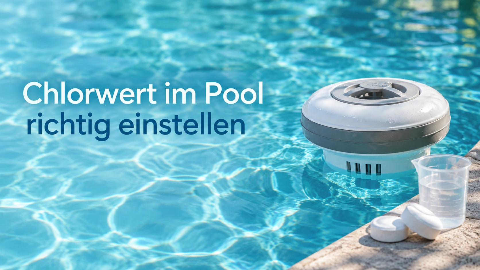 Neutraler Chlorschwimmer in klarem Poolwasser neben einem Messbecher