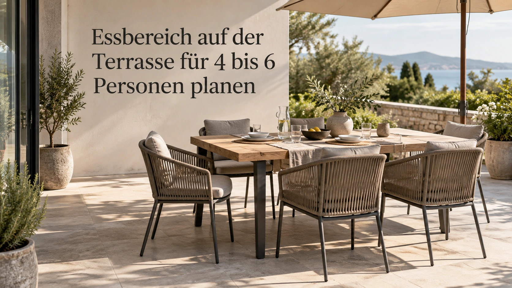 Terrassentisch mit sechs Stühlen und sichtbarem Bewegungsraum dahinter