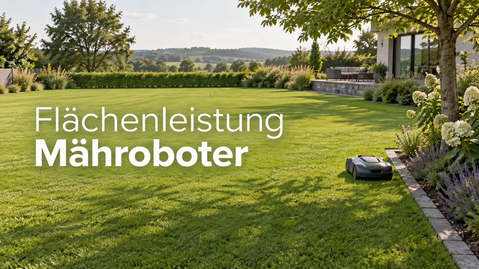 Weiter Privatrasen, auf dem ein Mähroboter im Verhältnis zur Fläche klein wirkt