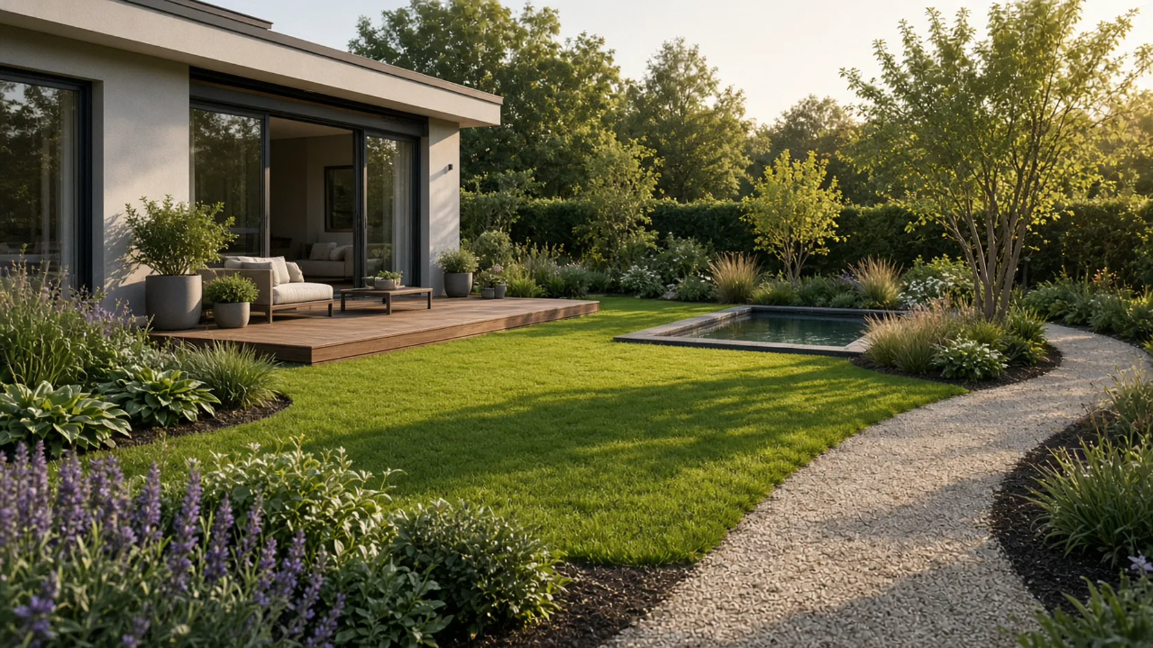 Zusammenhängender Garten mit Terrasse, Rasen, Weg und kleinem Pool