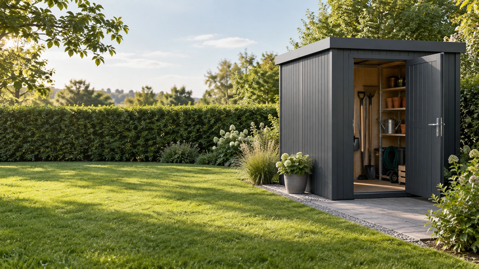 Kompaktes modernes Gartenhaus am Rand einer Rasenfläche