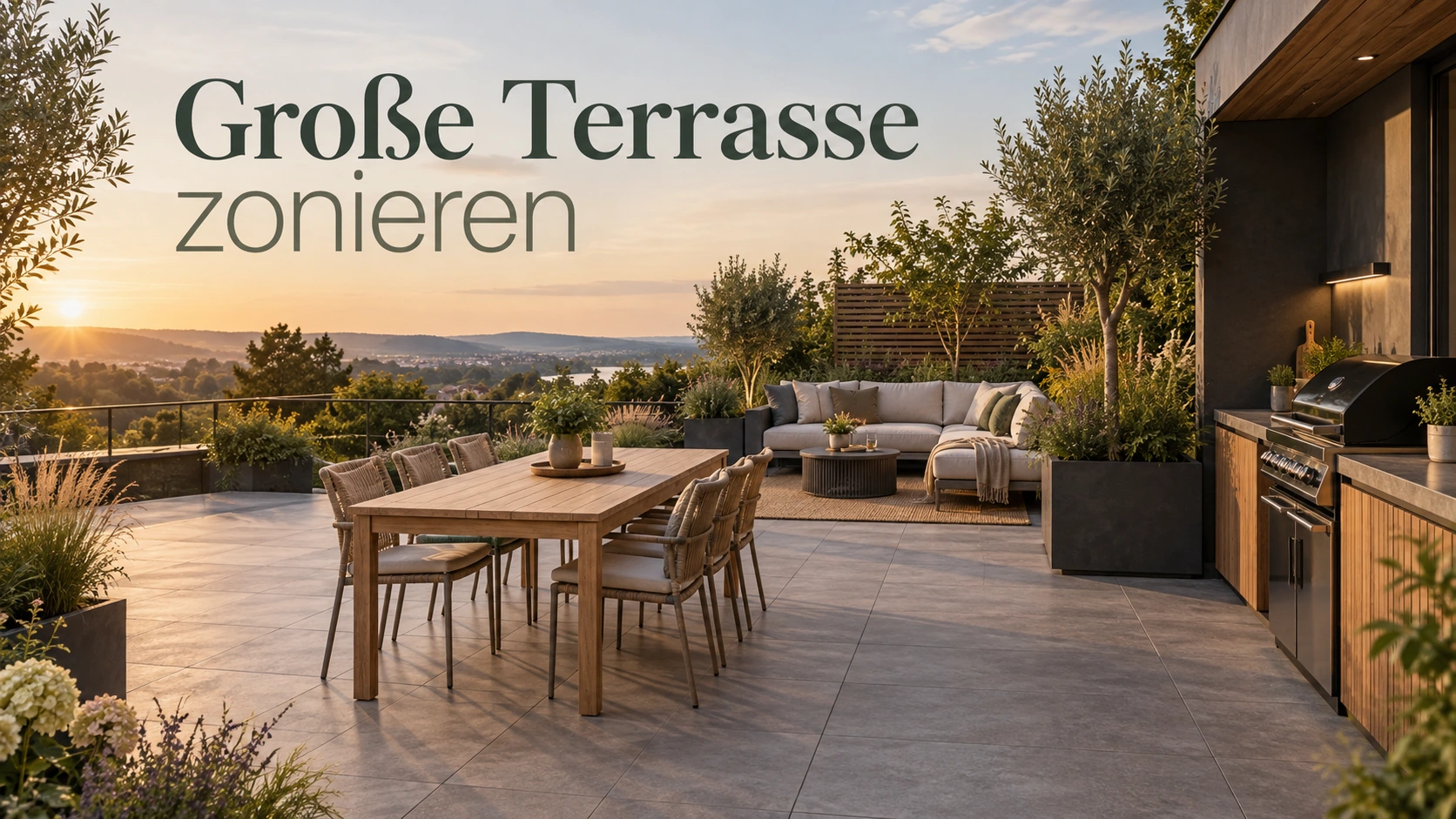 Große Terrasse mit getrennten Zonen für Essen, Lounge und Grill