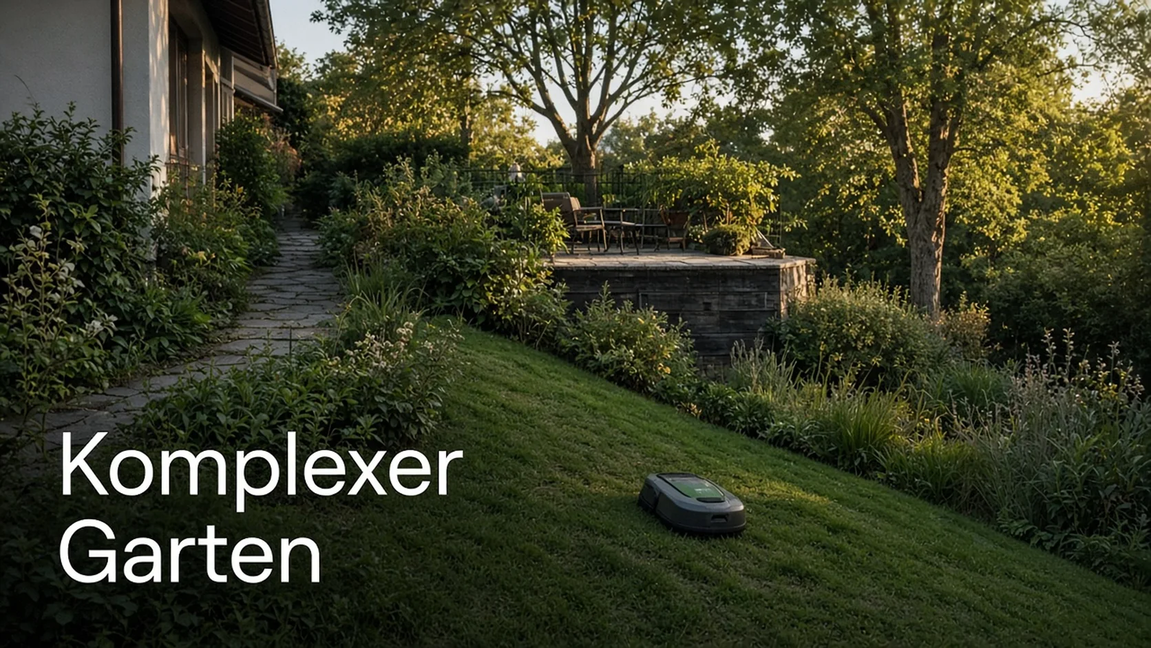 Mähroboter in einem komplexen Garten