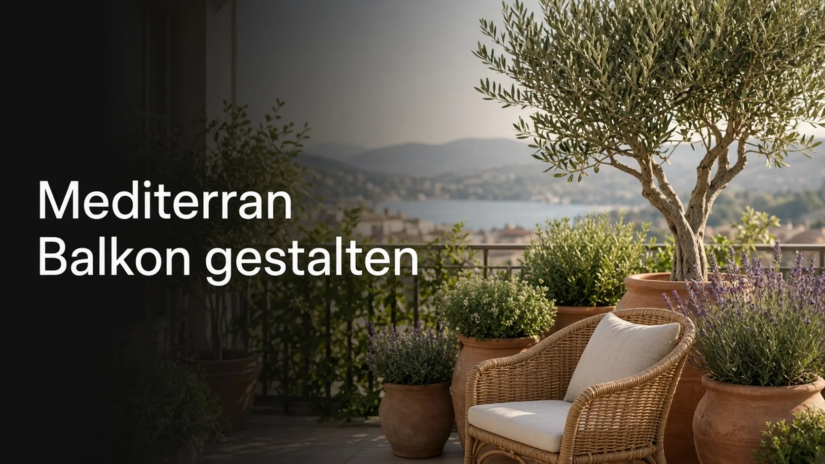 Mediterraner Balkon mit Terrakotta, Olivenbaum und Lavendel