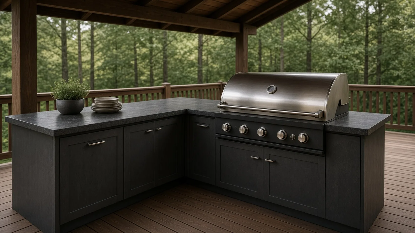 Modulare Outdoor-Küche mit Grill auf einer Holzterrasse