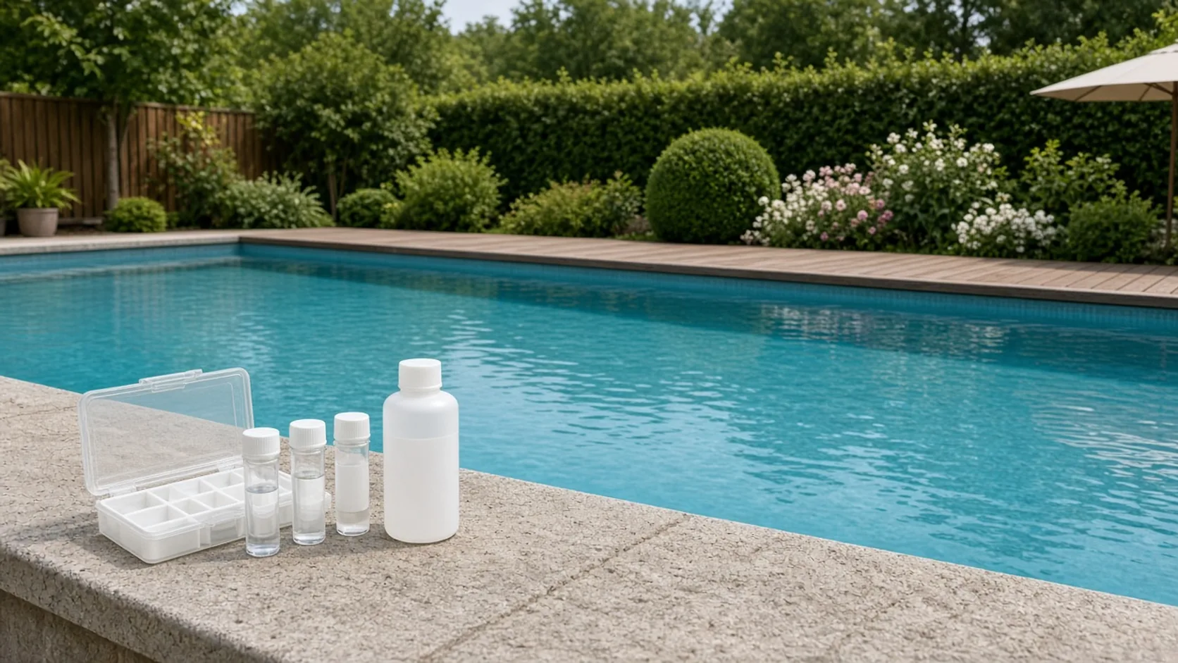 Klarer Gartenpool mit Wassertest-Set am Beckenrand