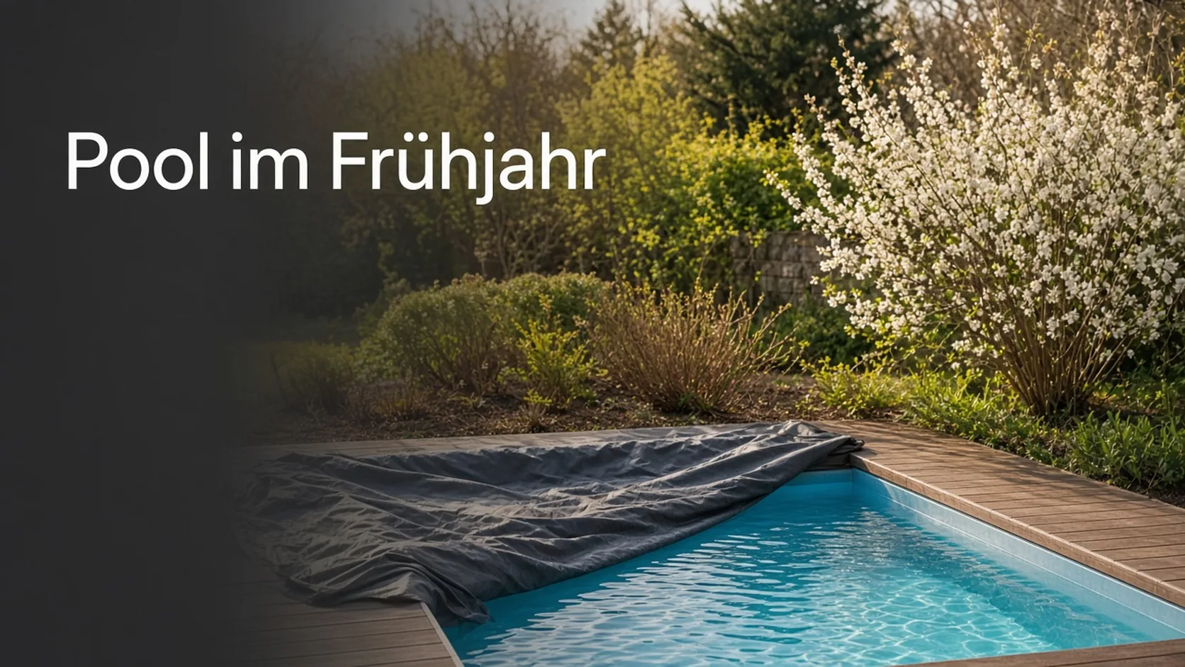 Gartenpool im Frühjahr mit zurückgeschlagener Abdeckung