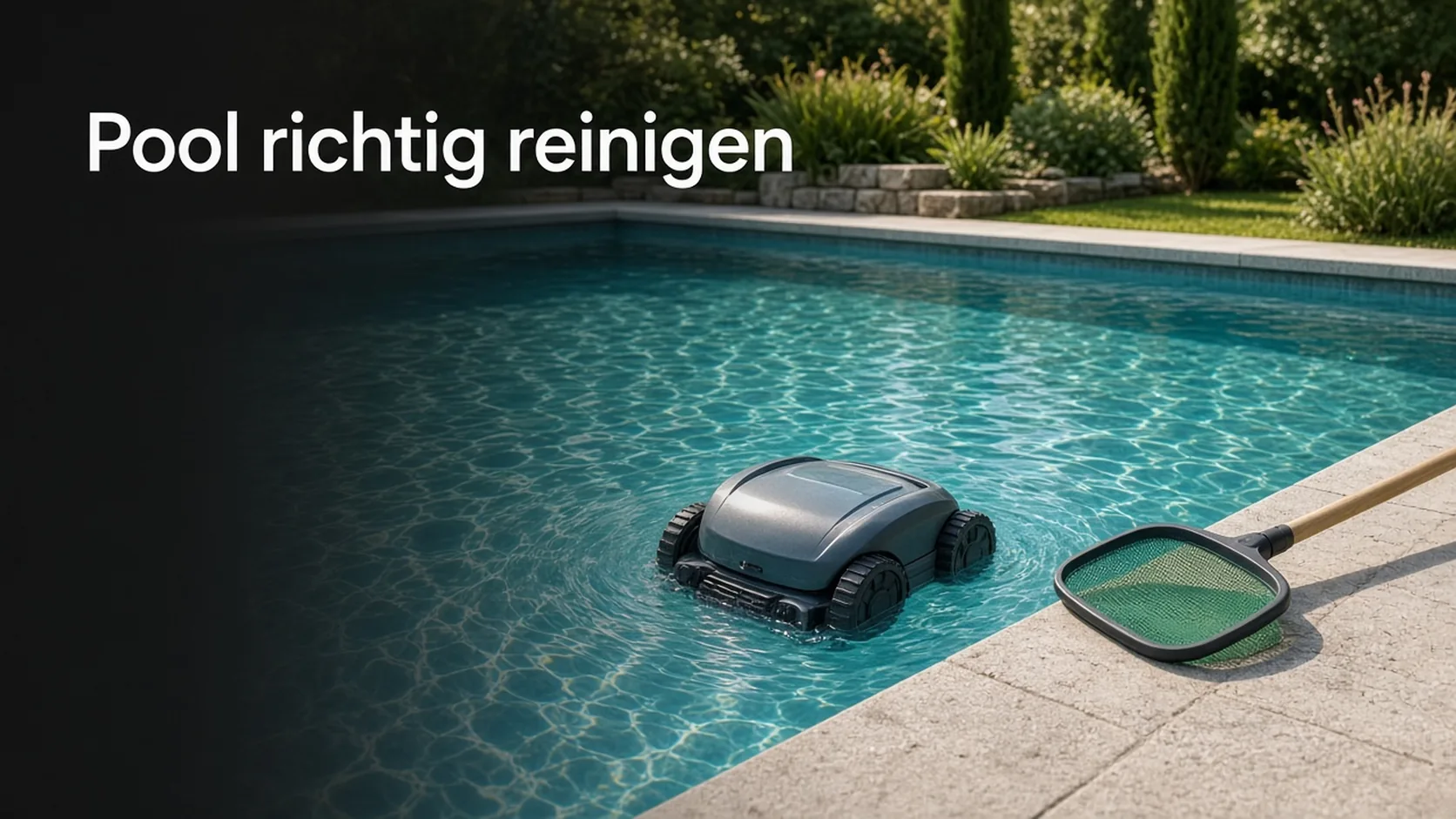 Poolroboter und Kescher am Gartenpool