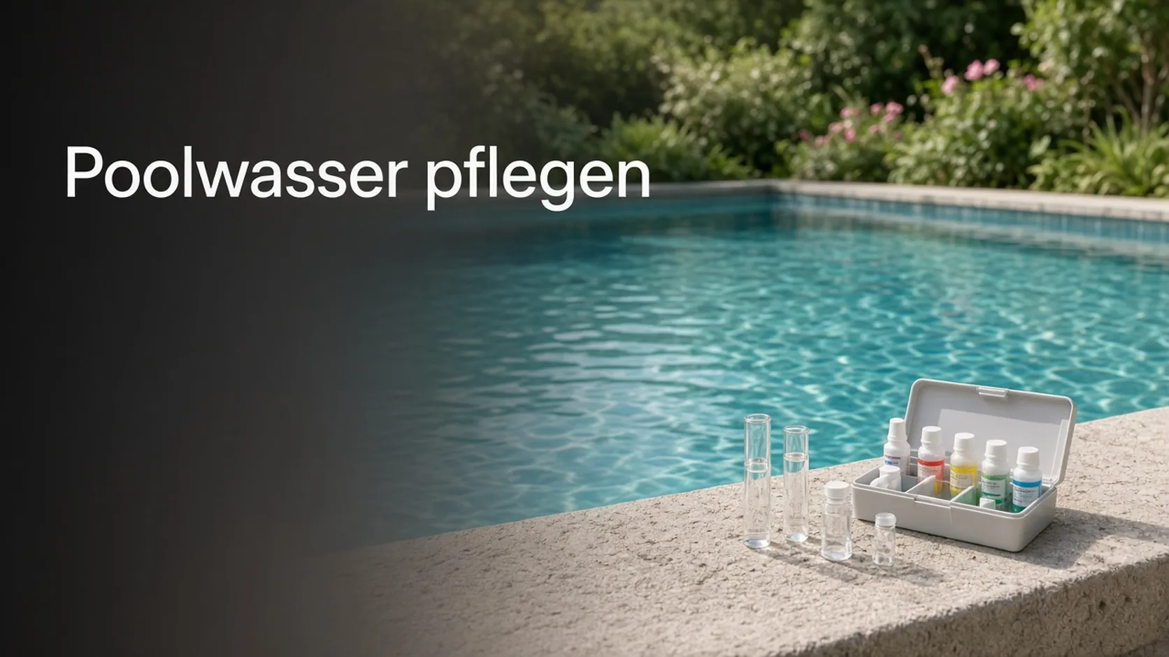 Klares Poolwasser mit Testset am Beckenrand