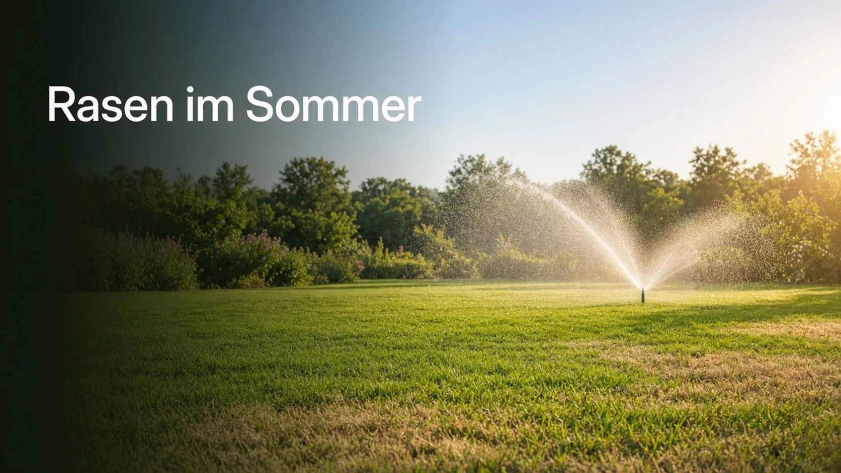 Rasen im Sommer mit Sprenger bei Hitze