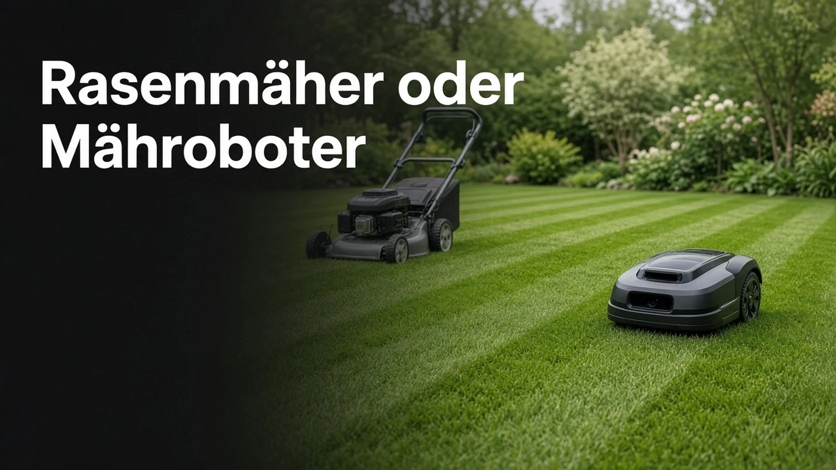 Handrasenmäher und Mähroboter auf einer Grünfläche