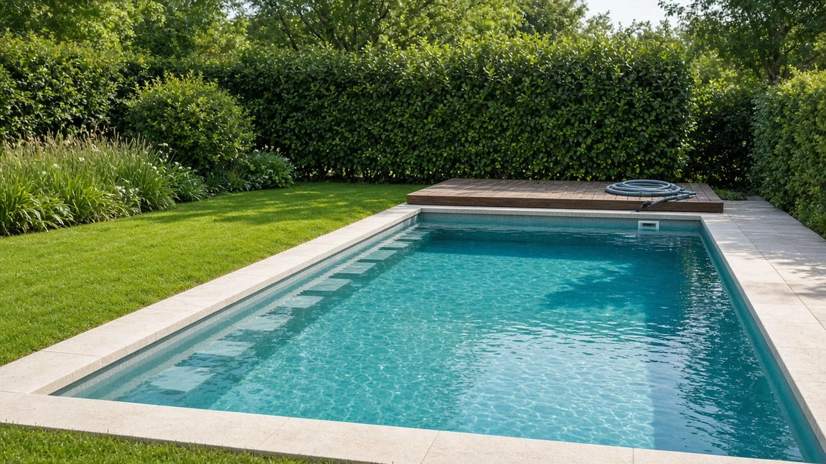 Eingelassener Gartenpool mit Steineinfassung und Holzdeck