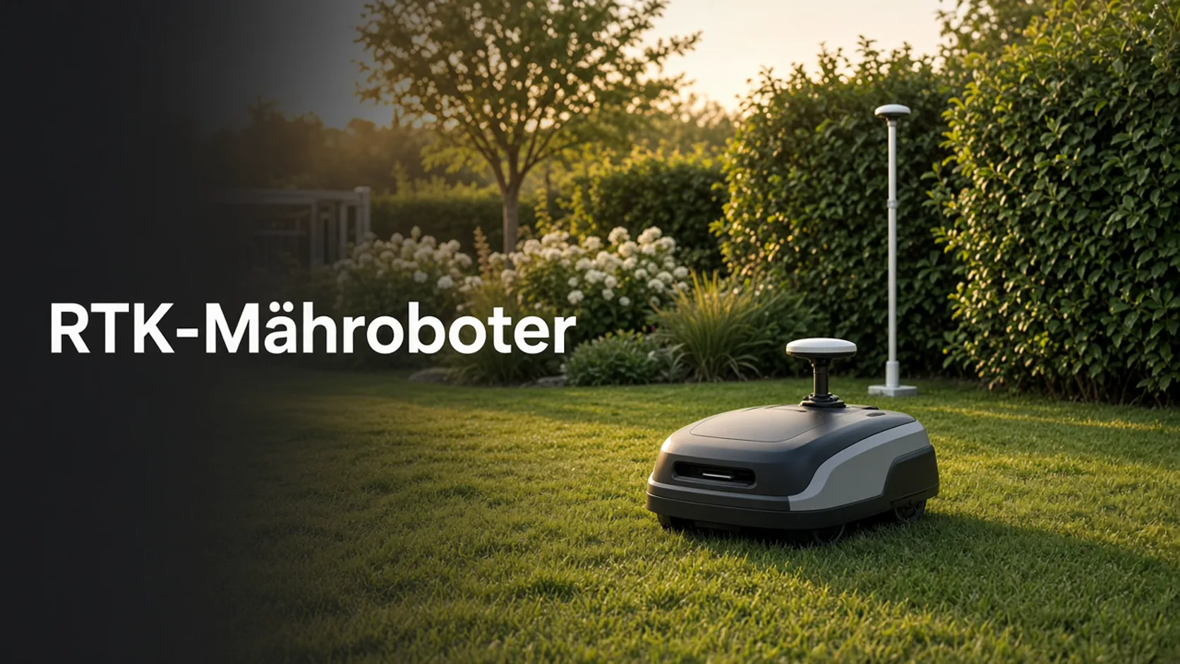 Mähroboter mit RTK-Antenne auf einer Gartenfläche