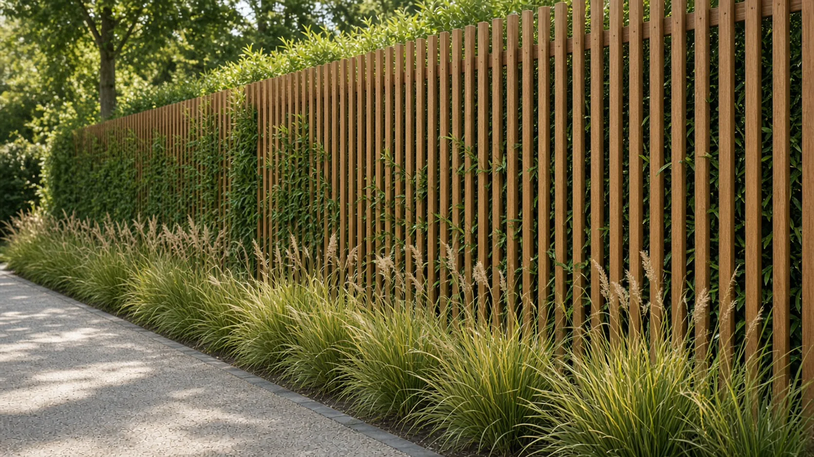 Holzlattung als Sichtschutzzaun mit Hecke und Gräsern am Gartenweg