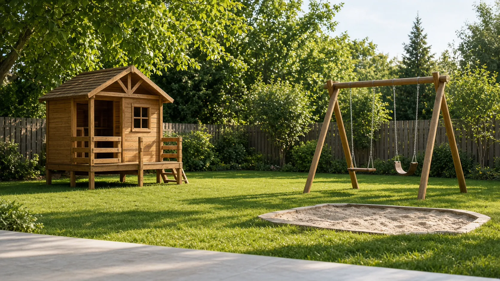 Leerer Spielbereich mit Holzspielhaus, Schaukel und Sandkasten auf dem Rasen