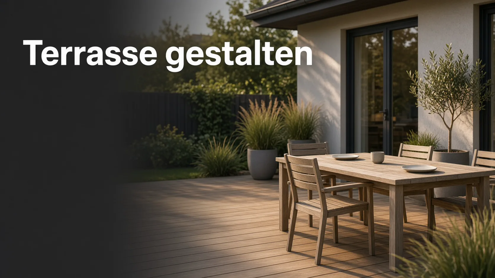 Holzterrasse mit Esstisch, Gräsern und Olivenbaum am Haus