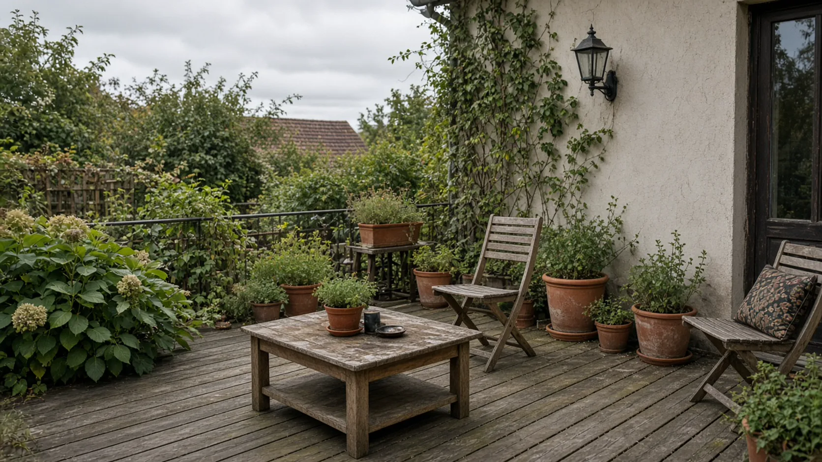 Bestehende Holzterrasse mit Töpfen und gebrauchten Möbeln am Haus