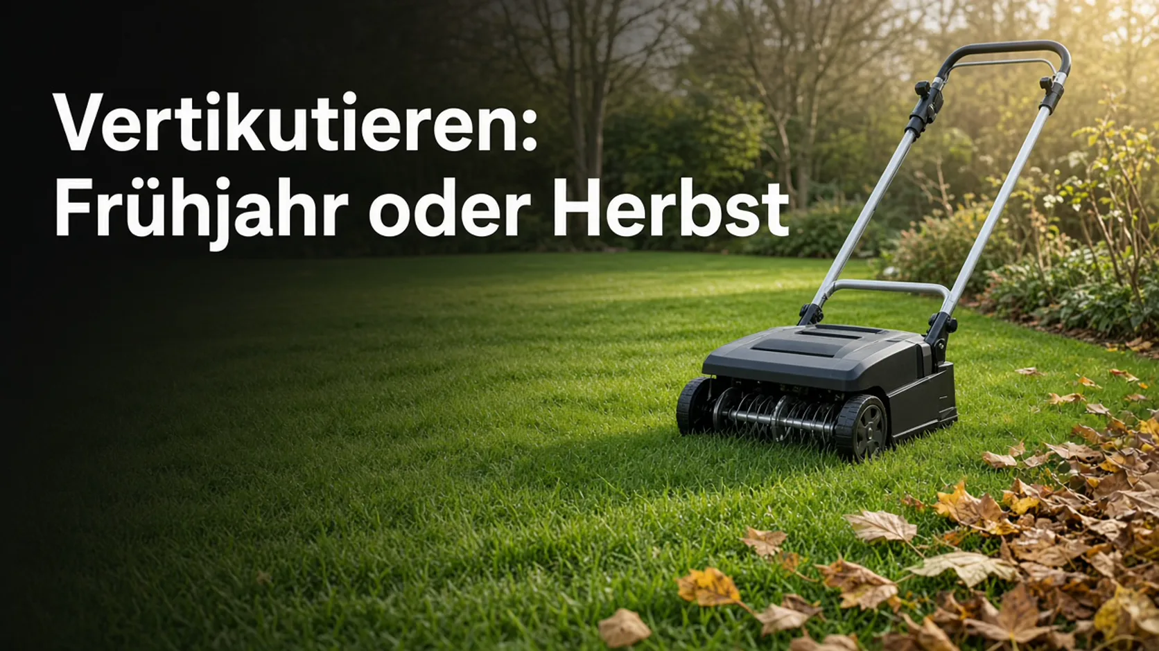 Vertikutierer auf einem Frühlingsrasen mit Herbstlaub am Rand
