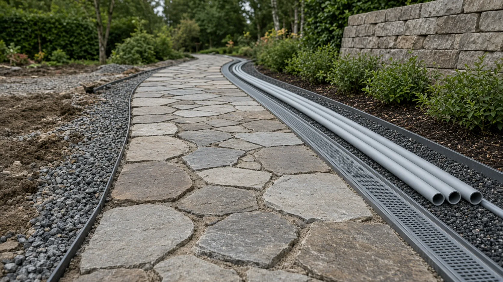 Gartenweg aus Naturstein mit Entwässerungsrinne und Leerrohren