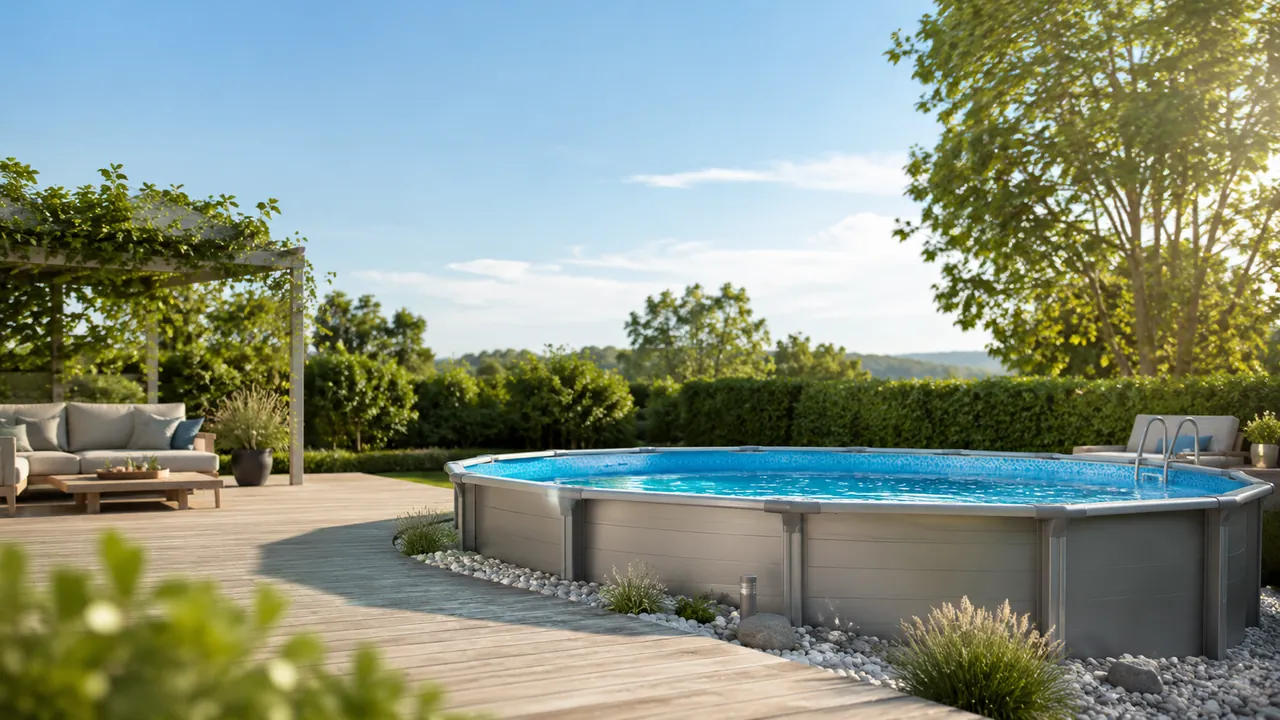 Gartenbeispiel mit Wasserbereich, Terrasse und grünen Übergängen